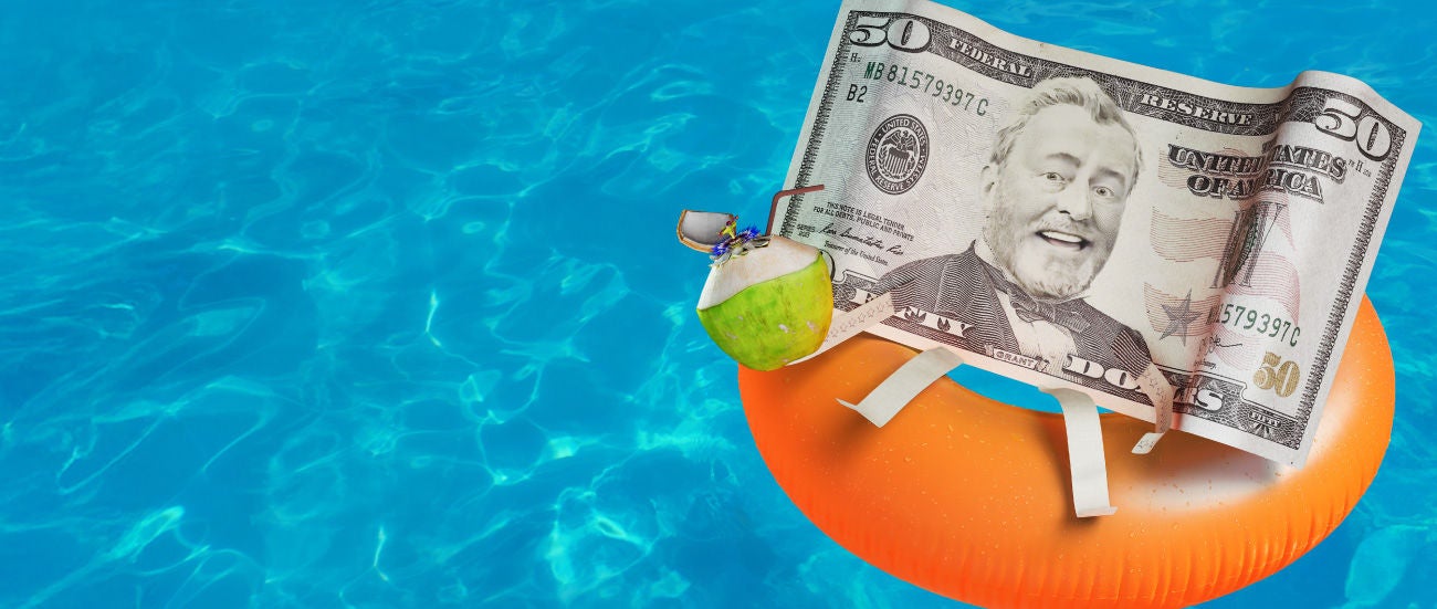 A dollar bill character on a floating intertube.