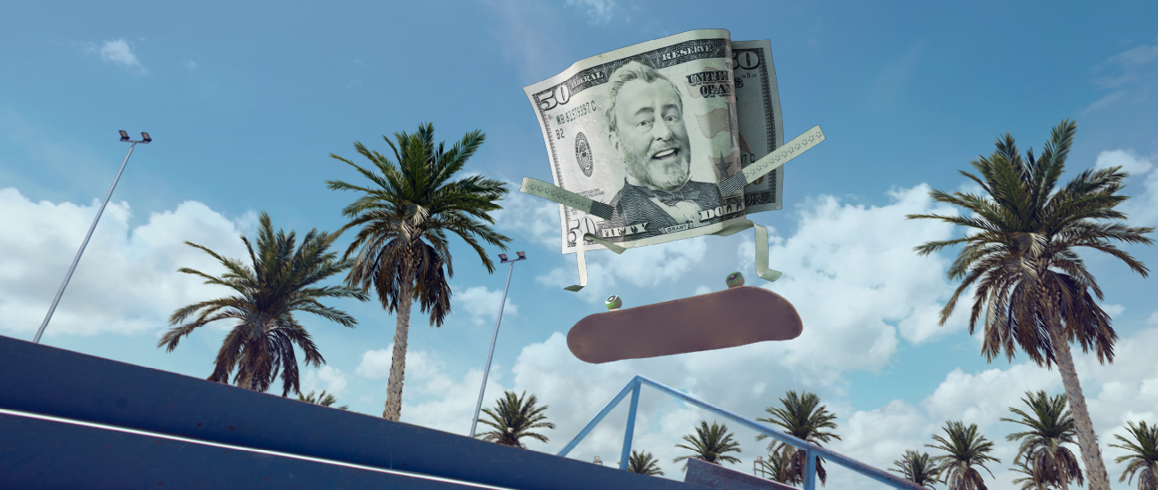 An image of a dollar bill character riding a skateboard.