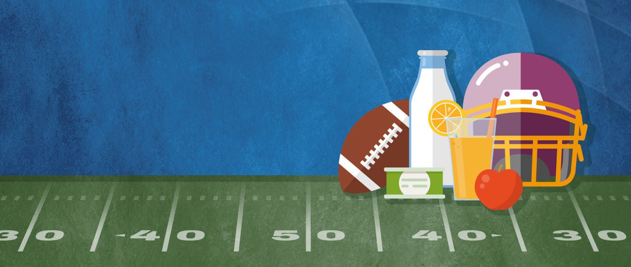 A cartoon graphic depicting a football helmet and various groceries.