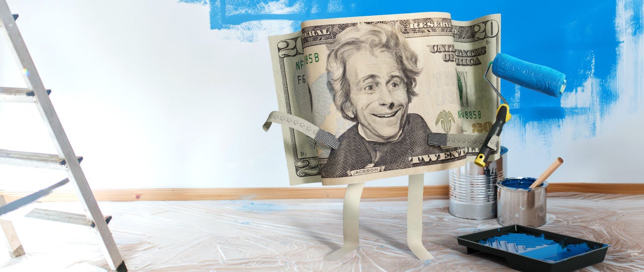 A dollar bill character painting a house.