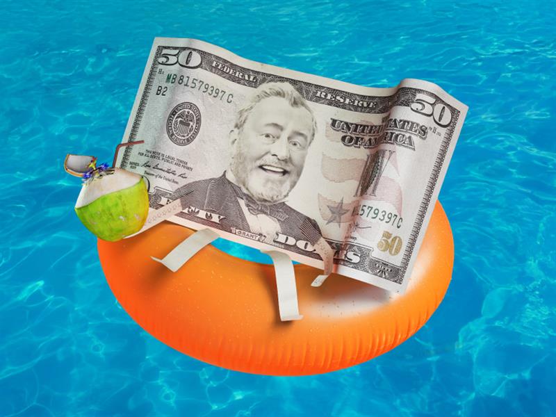 A dollar bill character on a floating inner tube.