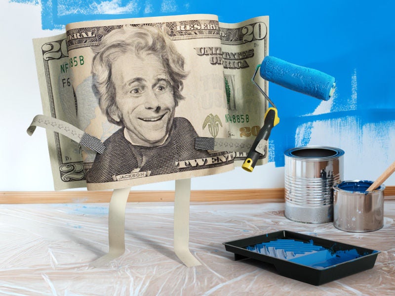 A dollar bill character painting a house.