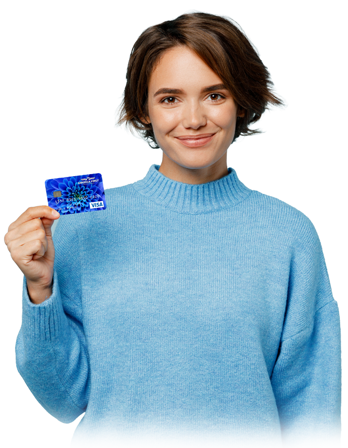 Woman holding a card. 