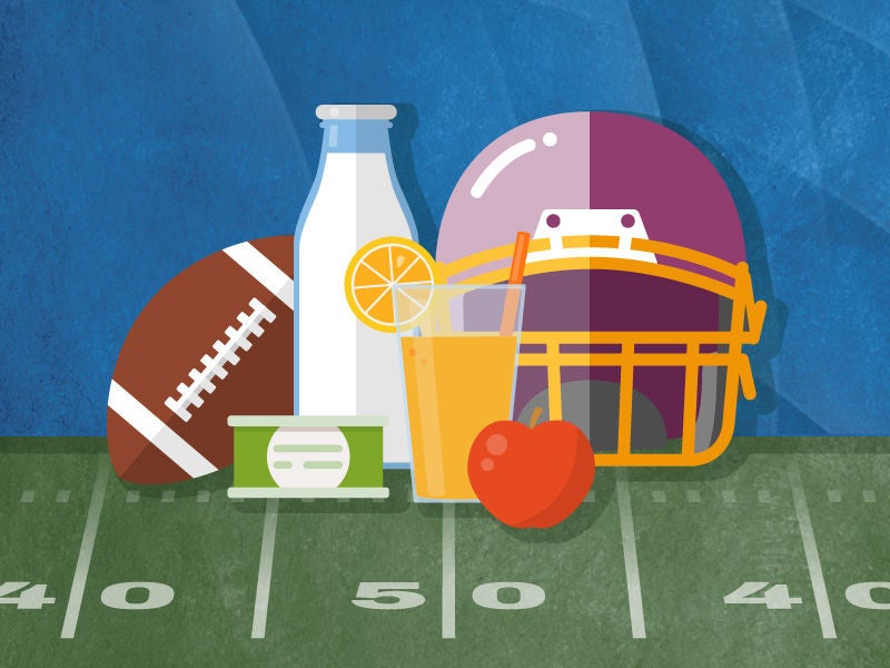 A cartoon graphic depicting a football helmet and various groceries.