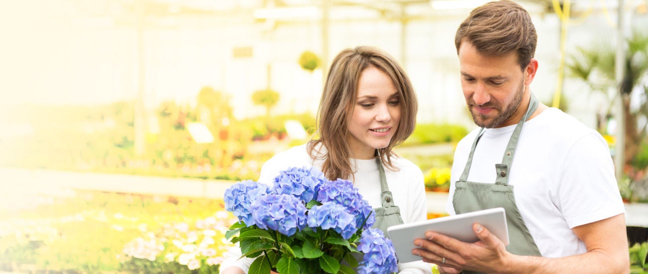 A man and woman in a greenhouse looking at a tablet.
