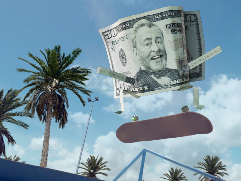An image of a dollar bill character riding a skateboard.