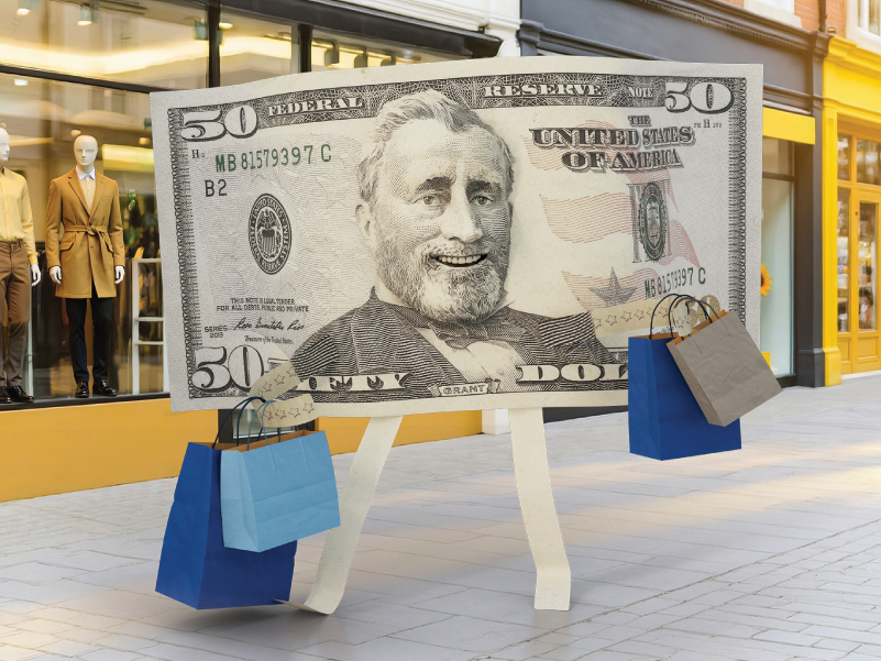 A dollar bill character carrying shopping bags. 
